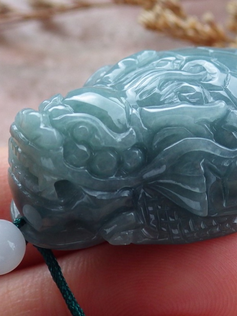 Certified Hand Carved Natural A Jade Jadeite Dragon Turtle Ruyi Pendant Necklace